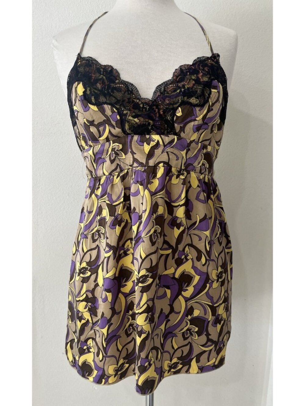 Vtg Y2K Halter Silk Floral Cami Top Large Lace Trim Babydoll Fairy Grunge Boho